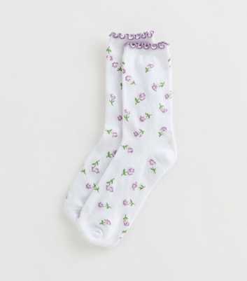 White Floral Pattern Frill Trim Socks
