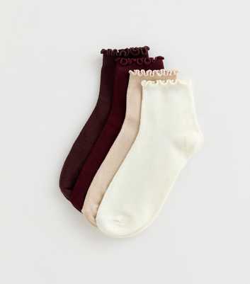 Pack of 4 Dark Burgundy Frill Trim Ankle Socks