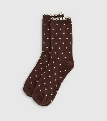 Brown and Cream Polka Dot Frill Trim Socks