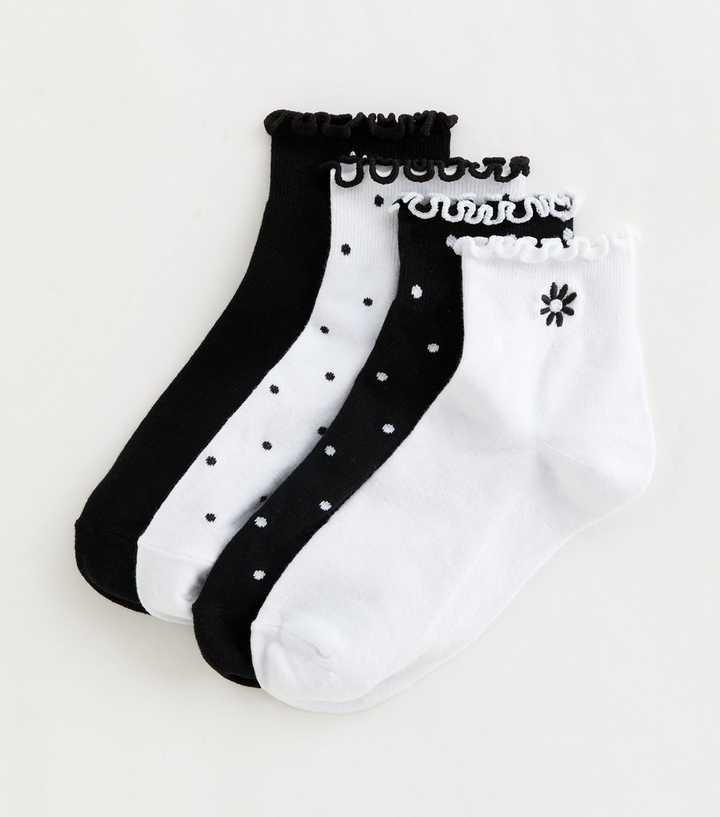 Pack of 4 Black and White Daisy Embroidered Trainer Socks