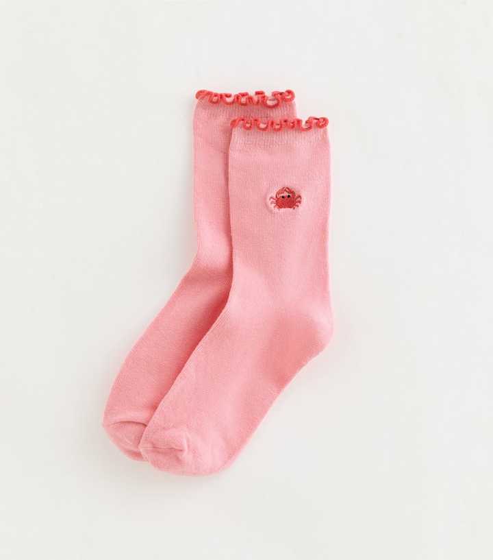 Pink Lobster Embroidered Frill Trim Socks