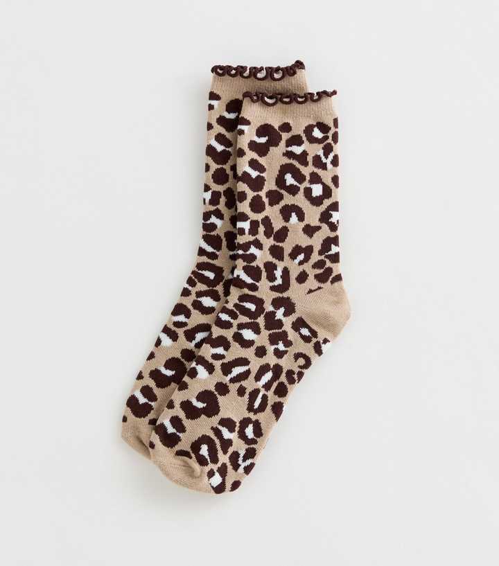 Brown Ribbed Leopard Lettuce Frill Ankle Socks