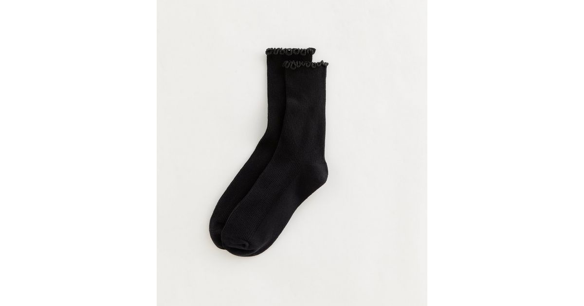 Black Ribbed Frilly Trimmed Socks | New Look