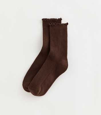 Brown Ribbed Frilly Trimmed Socks