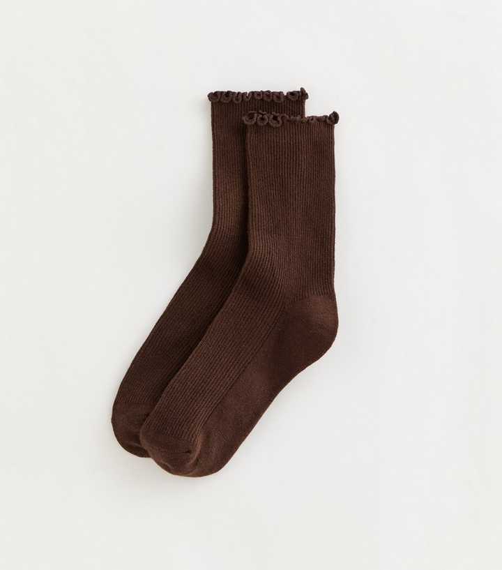 Brown Ribbed Frilly Trimmed Socks
