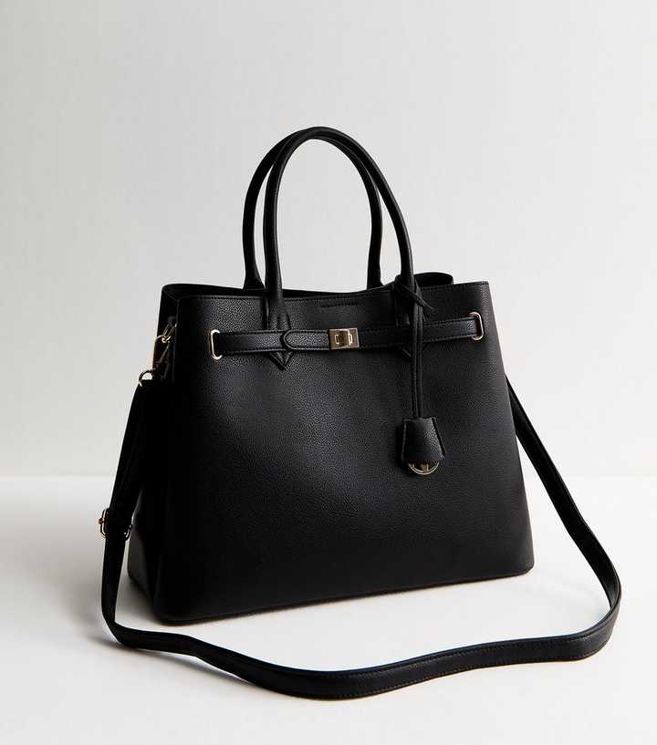 Black Faux Leather Triple Compartment Tote Bag