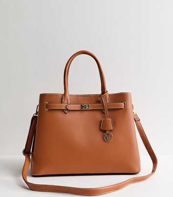 Tan Faux Leather Triple Compartment Tote Bag