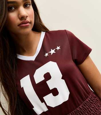 Girls Dark Burgundy Star Print Shirred Hem Football Top