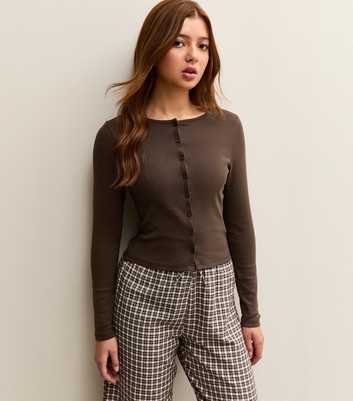 Girls Dark Brown Button Through Long Sleeve Top
