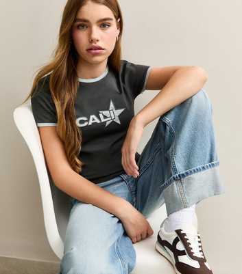 Girls Dark Frey Cali Camouflage Star Appliqué Ringer T-Shirt