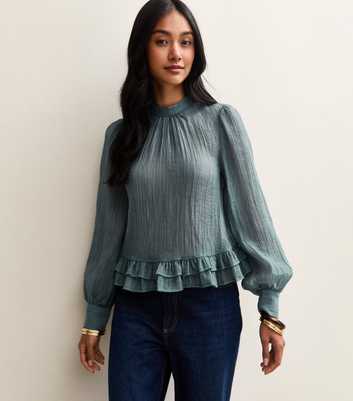 Blue Crinkle Texture High Neck Peplum Blouse