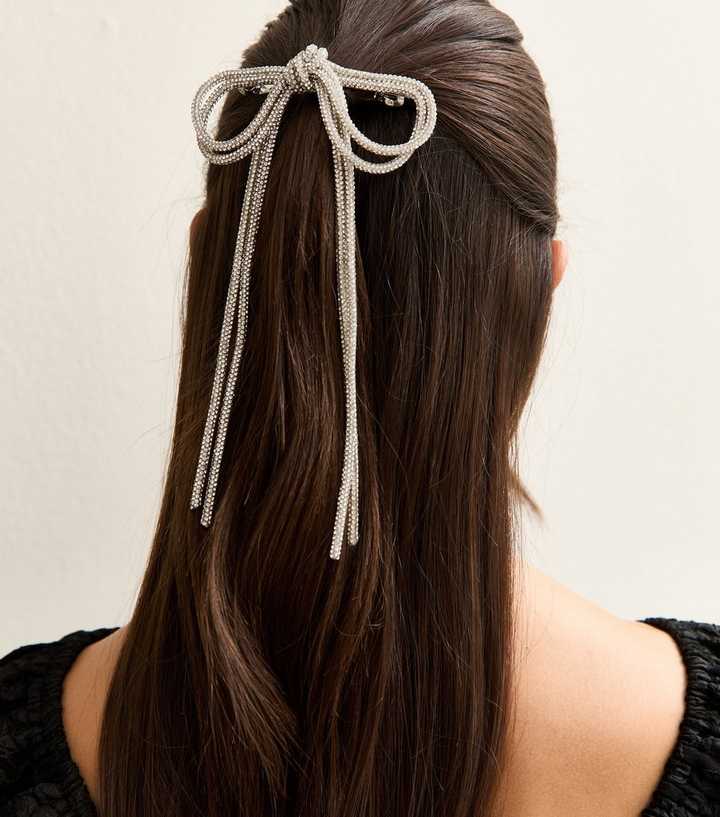Silver Tone Diamante Bow Hair Clip