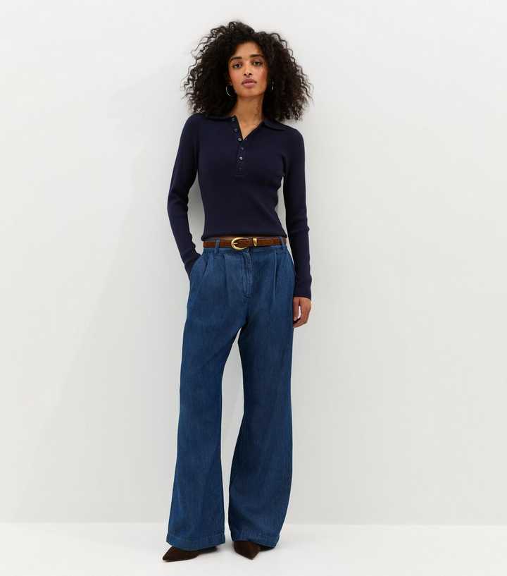 Blue Pleated Wide Leg Trousers