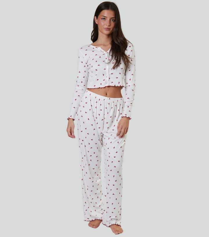 Loungeable White Cherry Print Pyjama Set