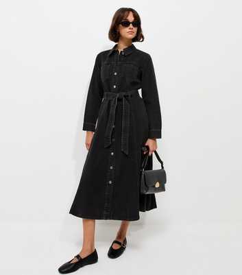 Black Denim Long Sleeve Shirt Midi Dress