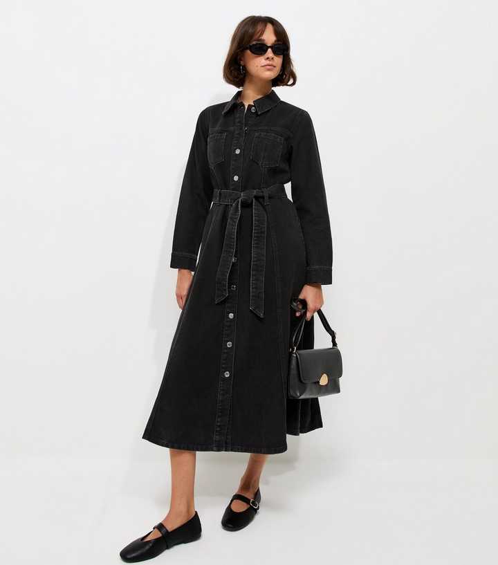 Black Denim Long Sleeve Shirt Midi Dress