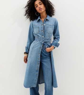 Light Blue Denim Long Sleeve Shirt Midi Dress
