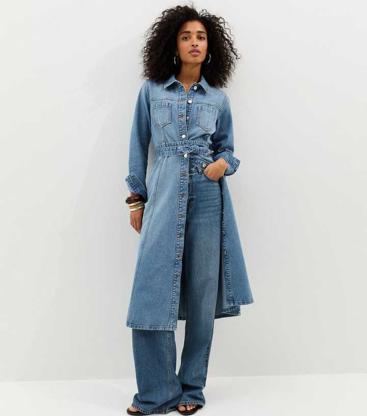 Light Blue Denim Long Sleeve Shirt Midi Dress | New Look