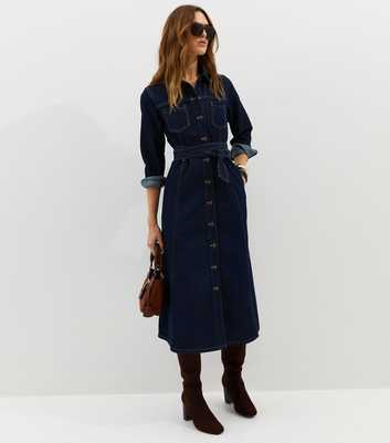 Navy Denim Long Sleeve Shirt Midi Dress