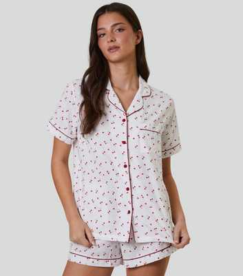 Loungeable White Heart Cherry Print Pyjama Set