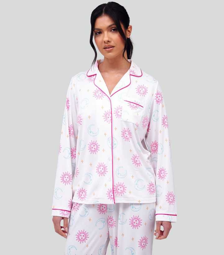 Loungeable White Celestial Print Long Sleeve Shirt and Trousers Pyjama Set