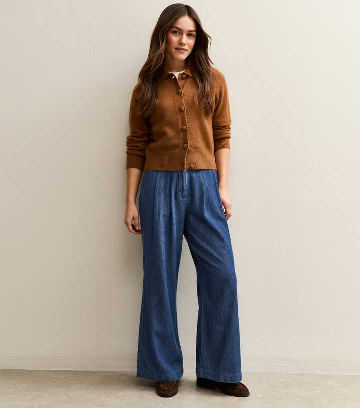 Petite Blue Denim Pleated Wide Leg Trousers