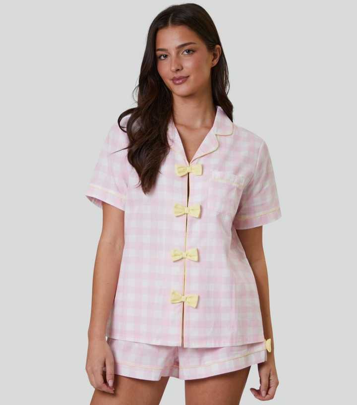 Loungeable Pink Checked Bow Trim Pyjama Set