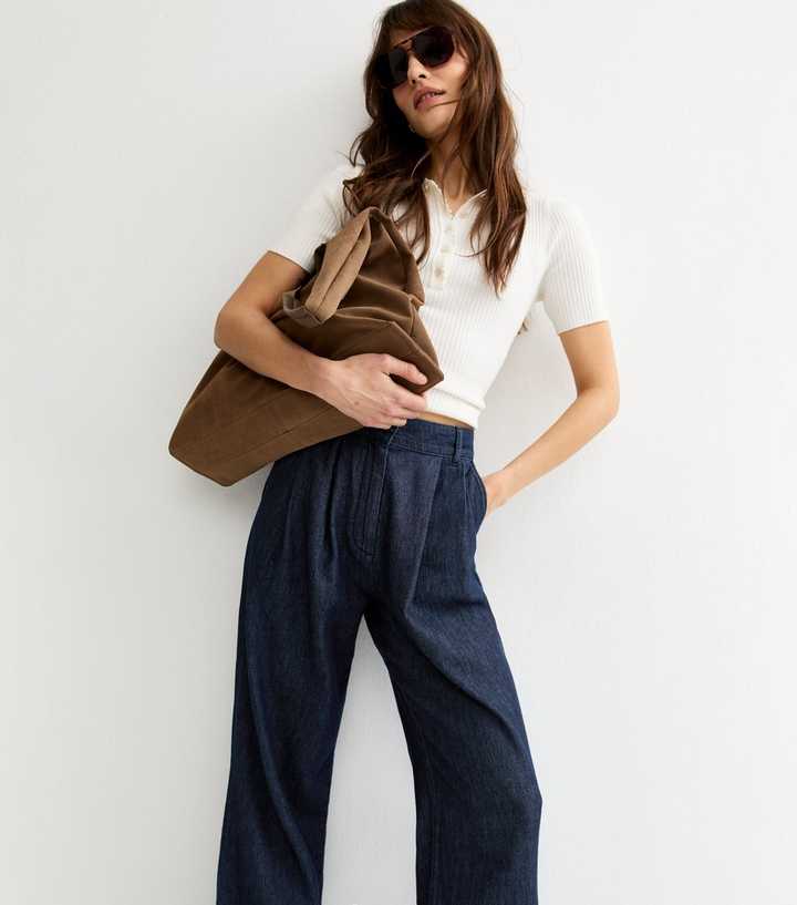 Tall Dark Blue Denim Pleated Wide Leg Trousers