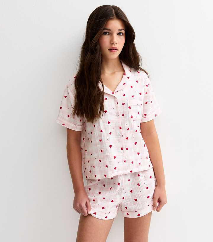 Girls Pink Heart Print Shirt and Shorts Pyjama Set