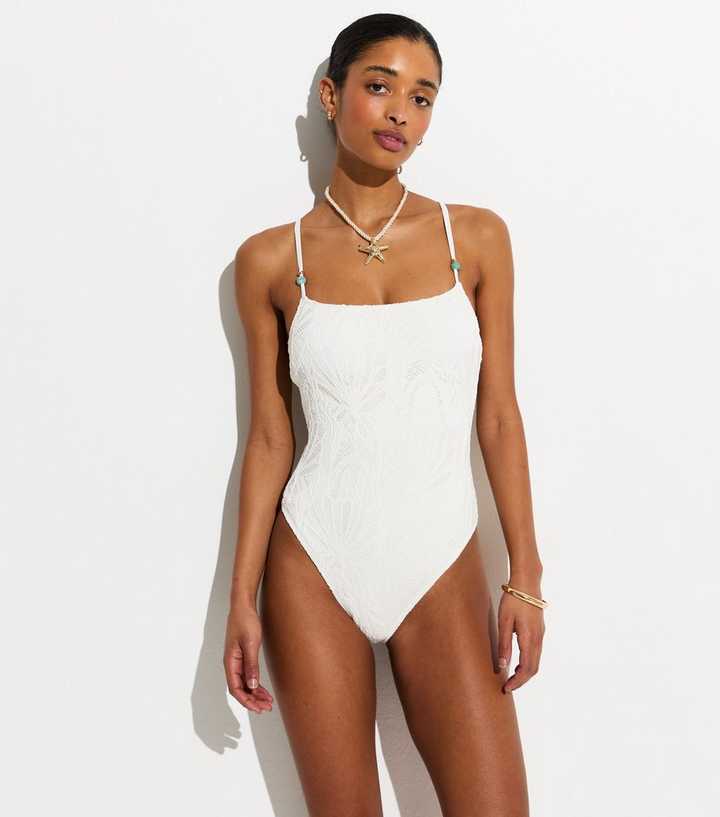 White Crochet Beaded Swimsuit