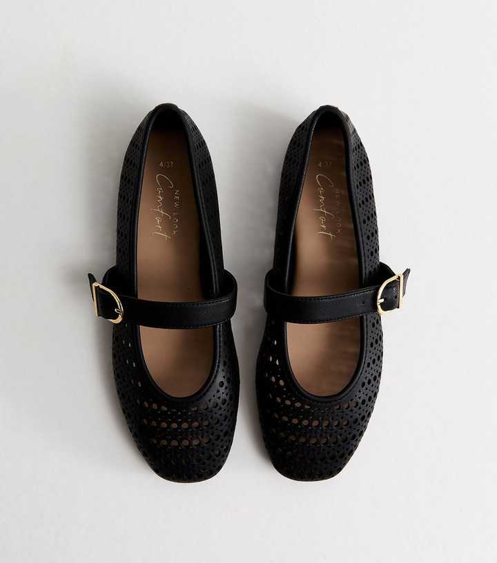 Black Faux Leather Lazor Cut Mary Jane Shoes
