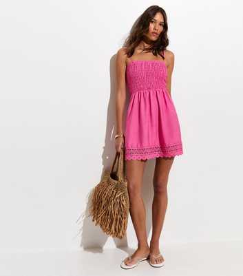 Bright Pink Lace Trim Shirred Mini Dress