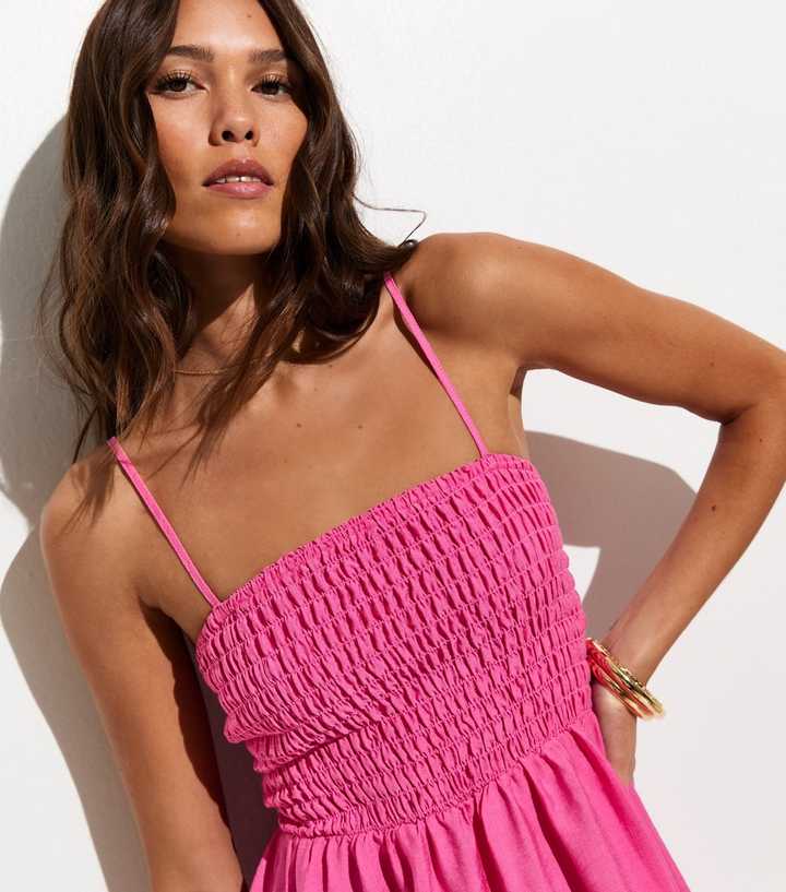 Bright Pink Lace Trim Shirred Mini Dress | New Look