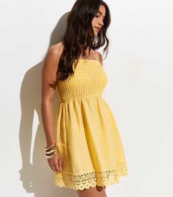 Light Yellow Lace Trim Shirred Mini Dress