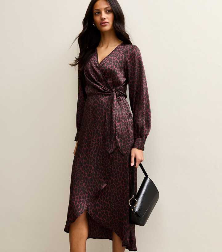 Brown Leopard Print Satin Wrap-Effect Midi Dress