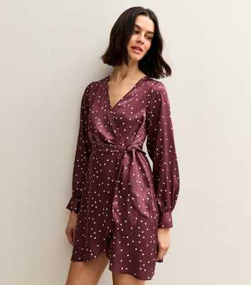 Red Spot Print Satin Wrap Mini Dress