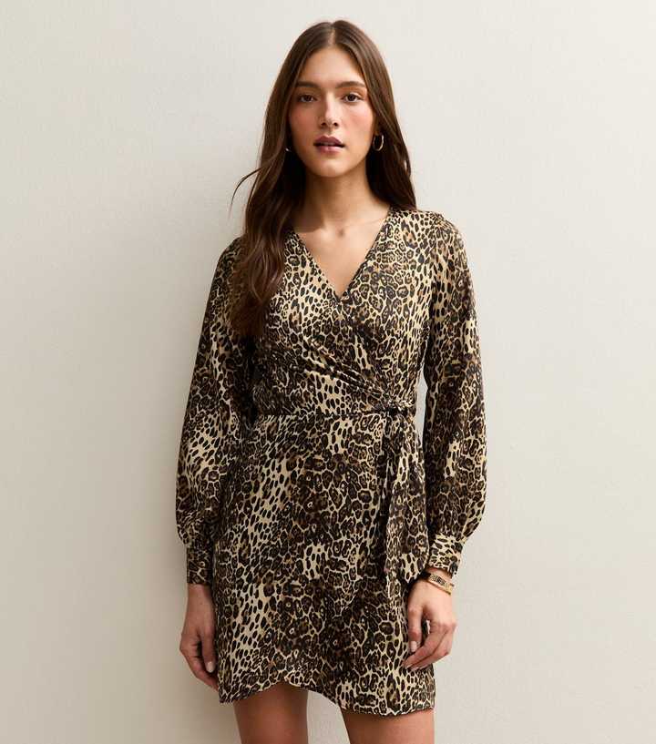 Brown Animal Print Satin Wrap Mini Dress