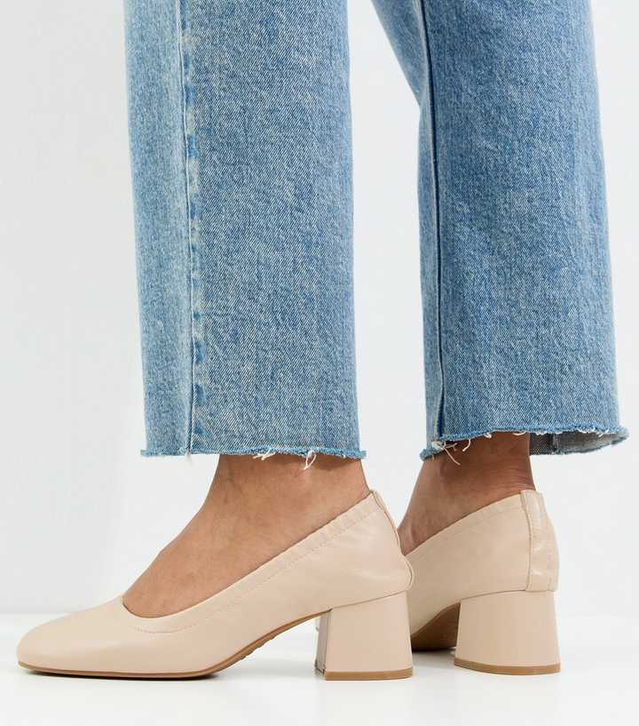 Off White Faux Leather Elasticated Block Heel Ballet Pumps