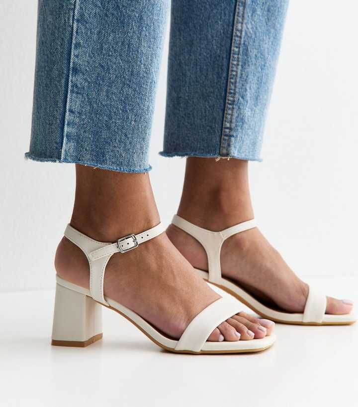 Off White Faux Leather Square Toe Block Heel Sandals