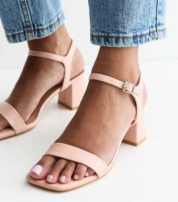 Light Pink Faux Leather Square Toe Block Heel Sandals