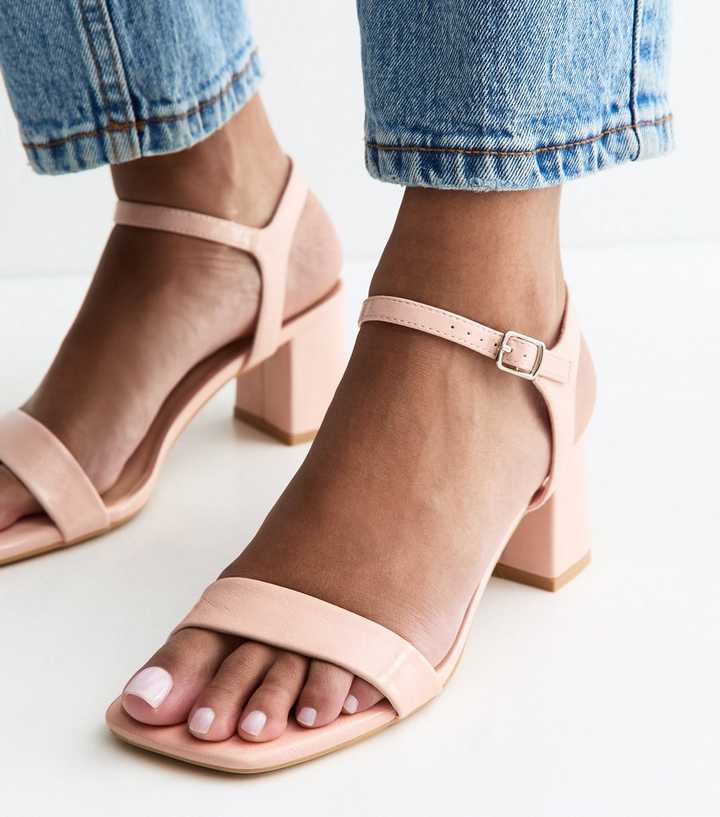 Light Pink Faux Leather Square Toe Block Heel Sandals