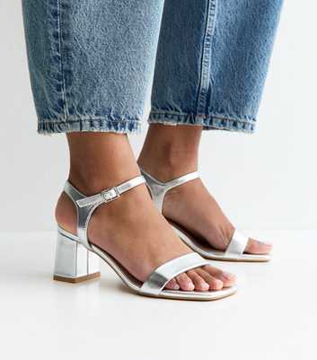Silver Faux Leather Square Toe Block Heel Sandals