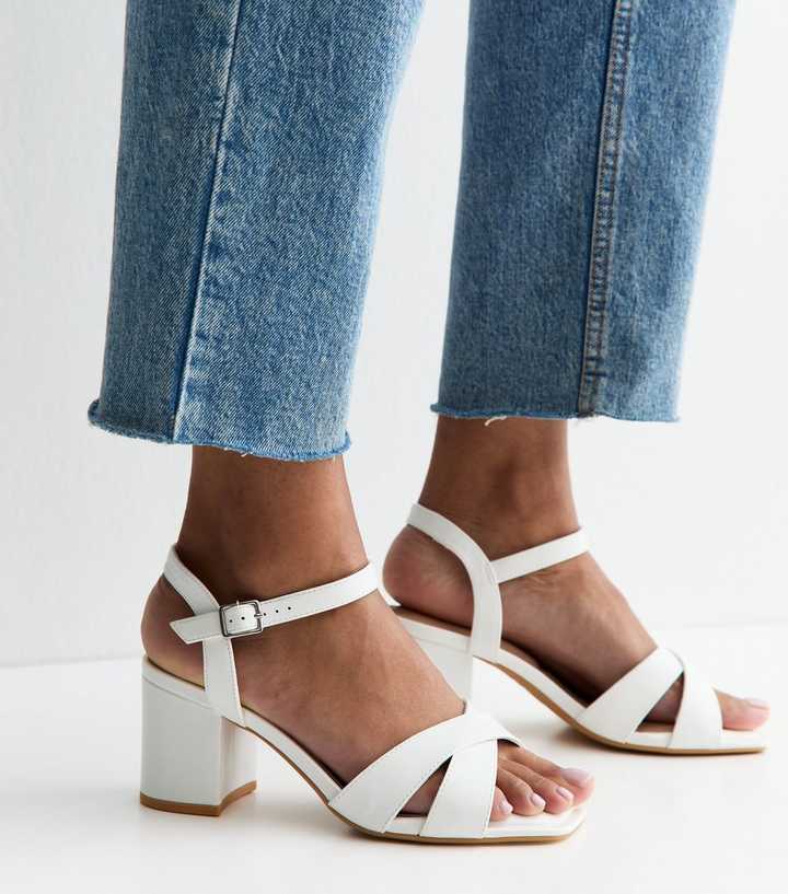 Wide Fit White Faux Leather Block Heel Sandals