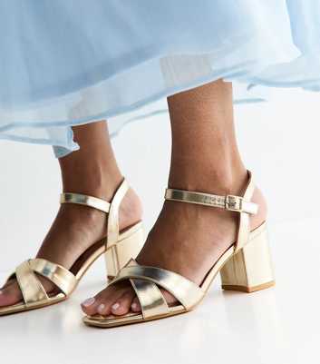 Wide Fit Gold Cross Strap Block Heel Sandals