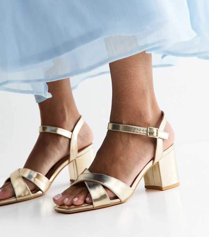 Wide Fit Gold Cross Strap Block Heel Sandals