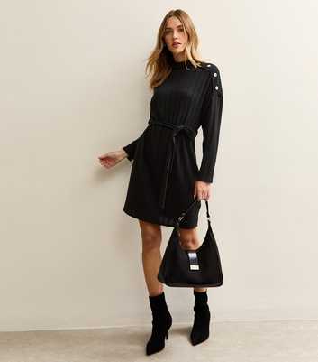 Black Rib Buttoned Shoulder Mini Dress