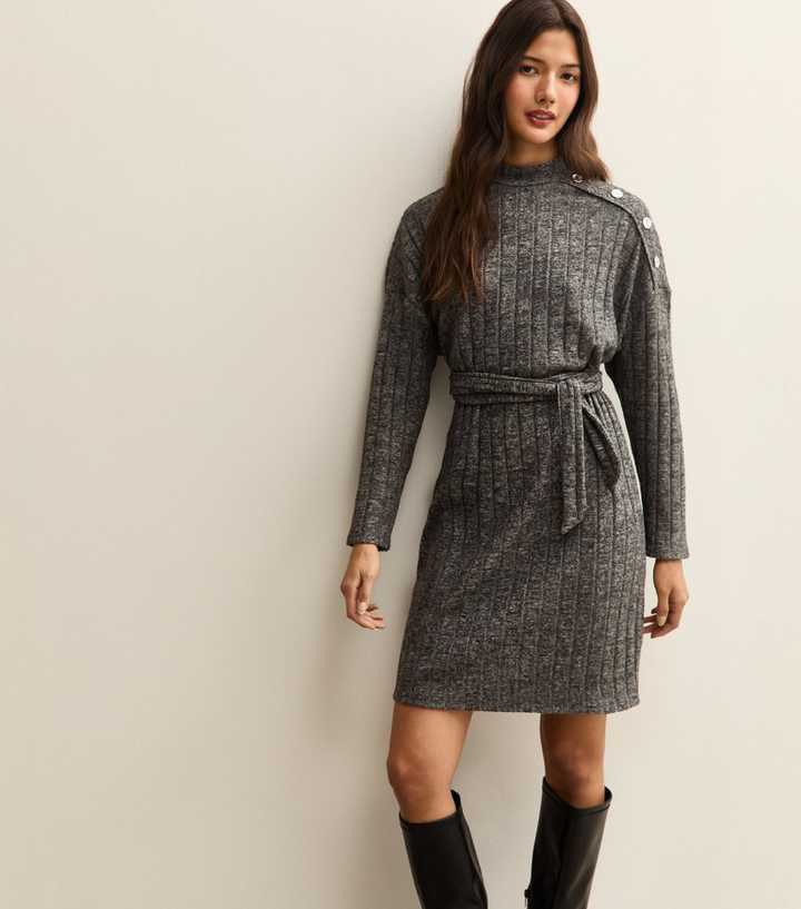 Dark Grey Rib Buttoned Shoulder Mini Dress
