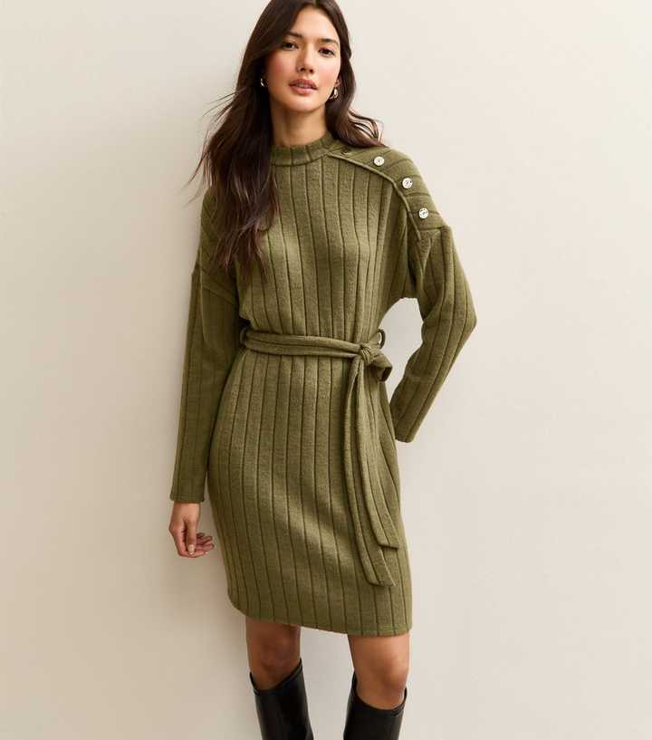 Dark Khaki Rib Buttoned Shoulder Mini Dress