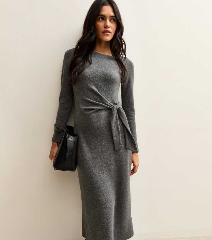 Grey Tie Belt Midi Dress