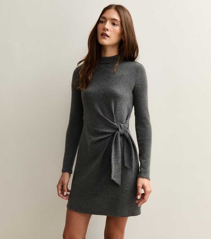 Dark Grey Tie Belt Mini Dress